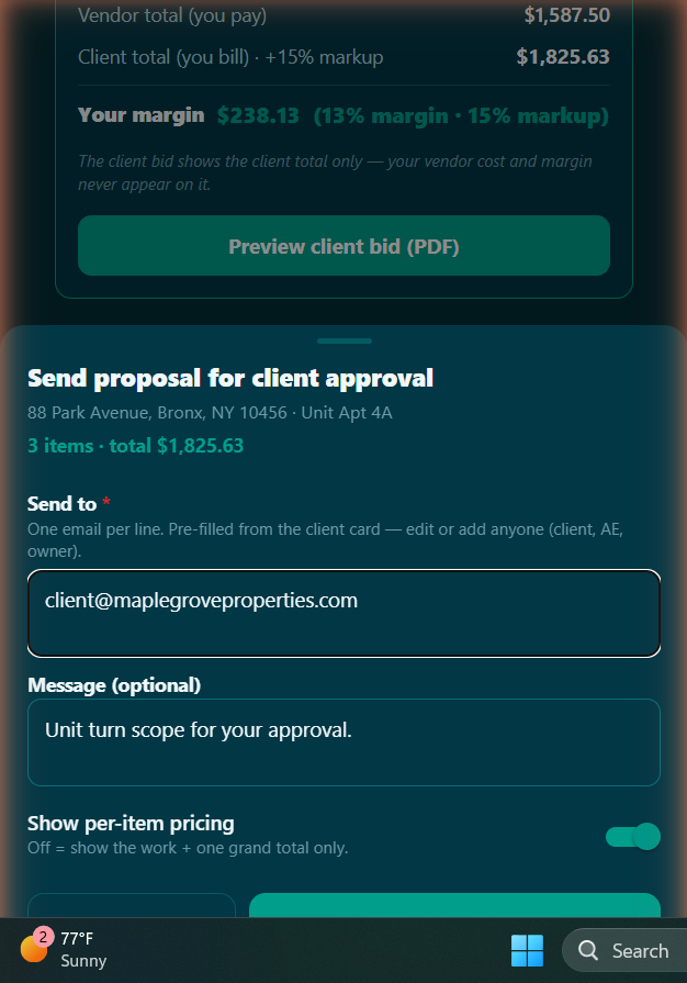 Focused Scopes mobile send-for-approval sheet — client sign-off over email