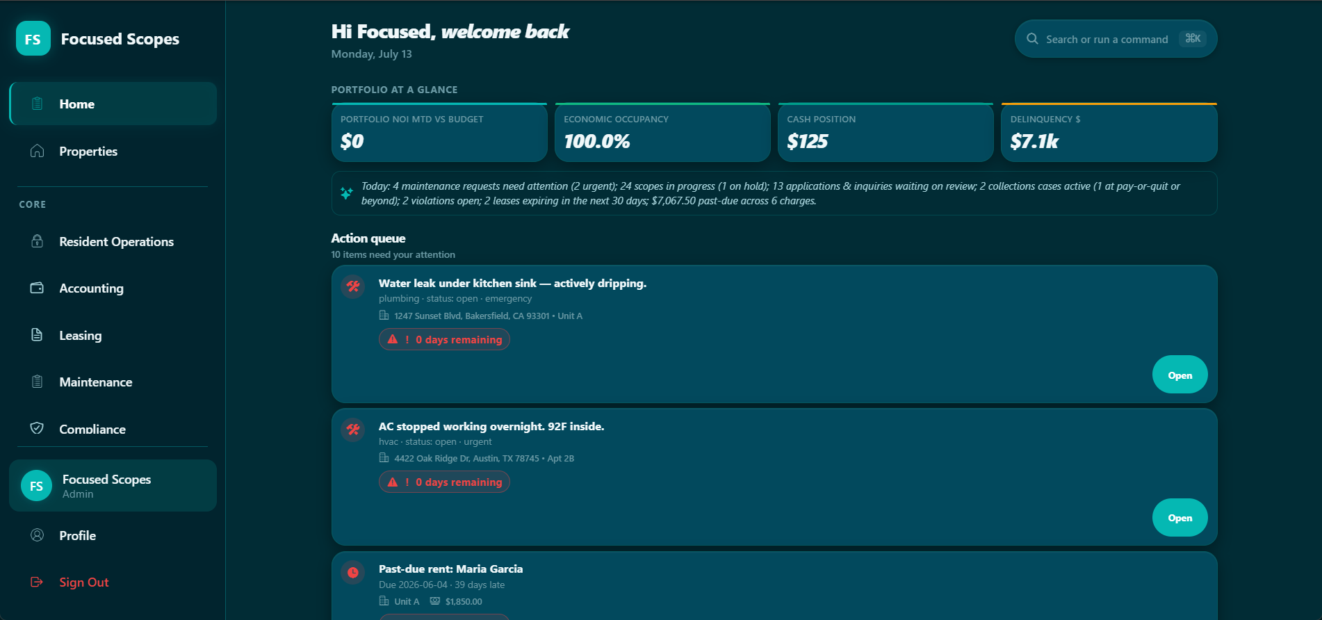 Focused Scopes Home Dashboard — full portfolio view with action queue