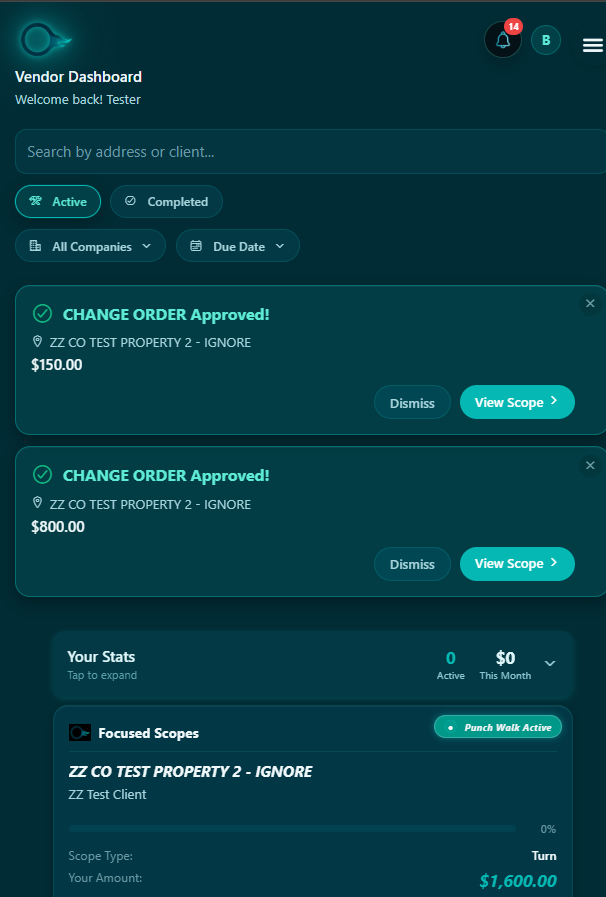Focused Scopes vendor dashboard — an approved scope arriving with change orders and pay