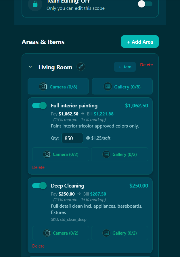 Focused Scopes mobile scope editor — turn line items being drafted
