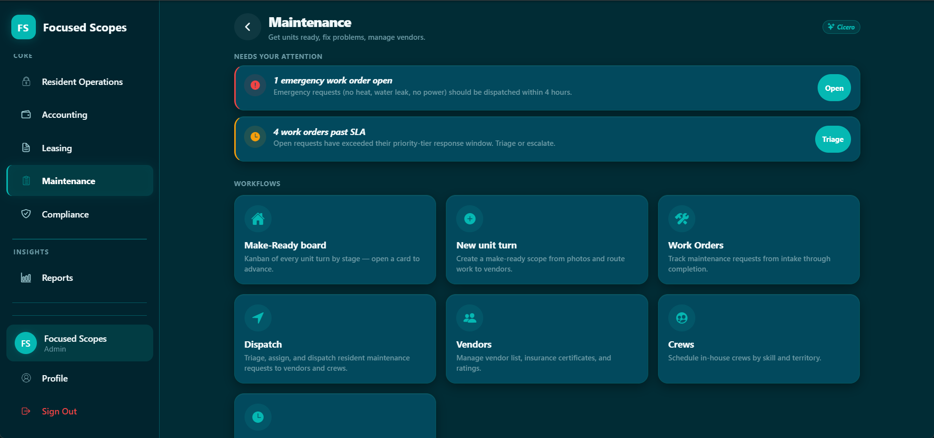 Focused Scopes Maintenance — work orders, dispatch and vendors