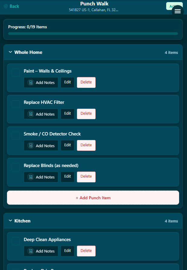 Focused Scopes punch walk — room-by-room punch items with notes and progress