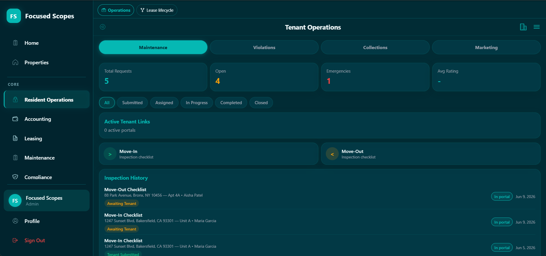 Focused Scopes Tenant Operations — requests, inspections and collections